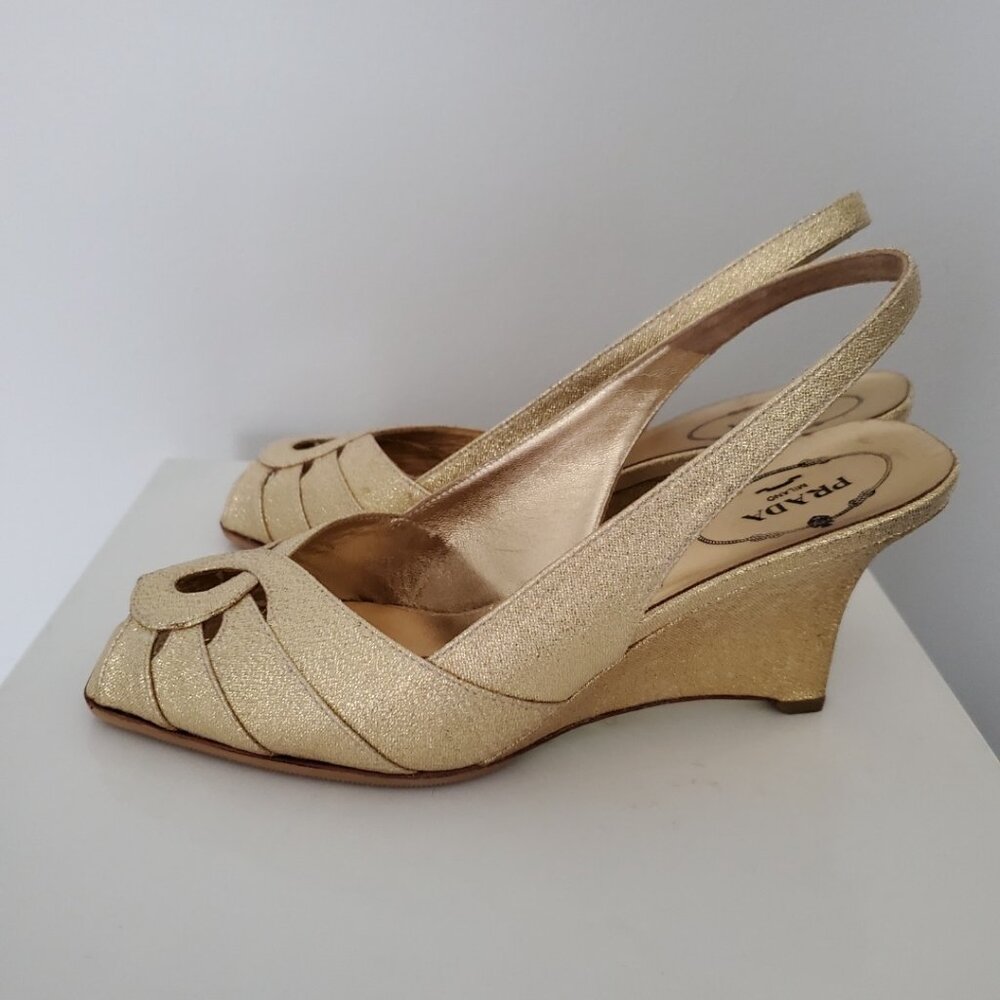 Authentic PRADA Gold Metallic Wedge Heels Size 37 Slingback Peep-Toe Dress Pump